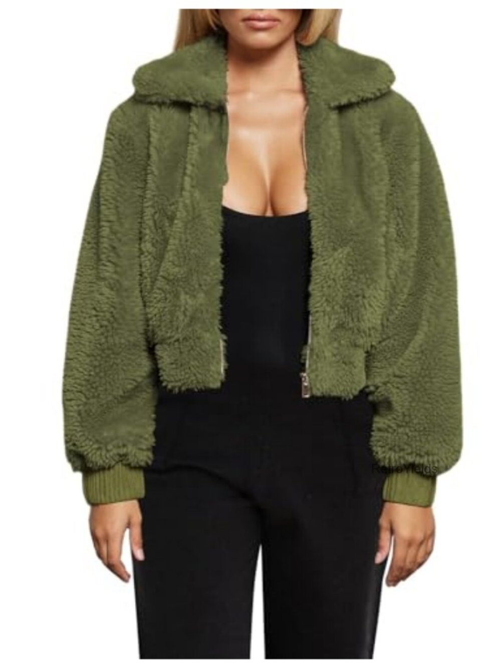 Cropped Faux Fur Teddy Jacket Zip Up Fuzzy Lapel Coat Pockets Oversized
